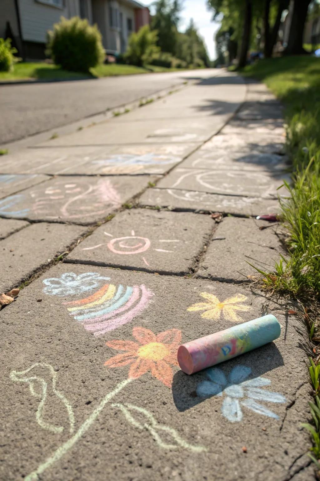 Ignite your toddler's creativity with radiant chalk art on a sun-drenched pavement.