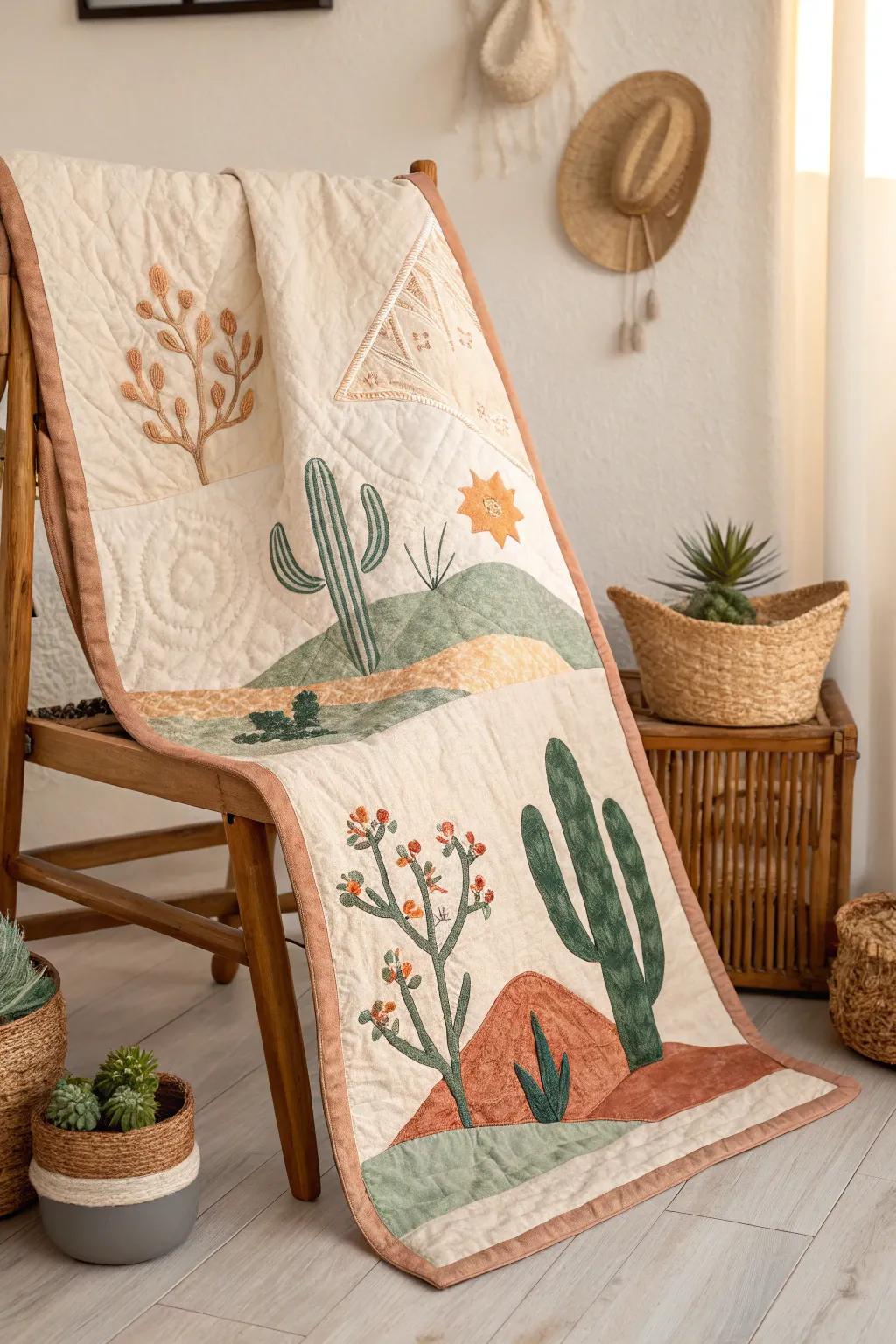 Celebrate the warm, earthy sensations with this stunning Desert Dreams quilt, where sandy tones meet vibrant greens for a distinct touch of artistic beauty.