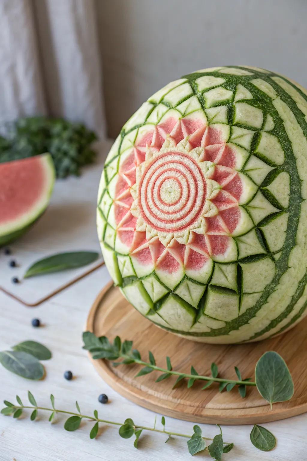 Uncover the artistry of tropical fruit sculpting with this striking geometric spiral design—where simplicity meets craftsmanship.