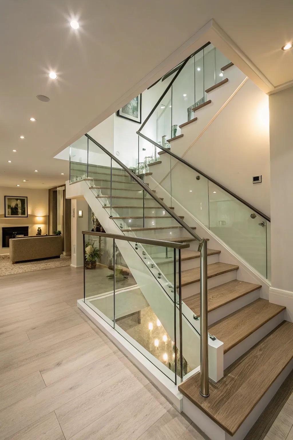 Glass railings foster a bright and sophisticated space in basements.