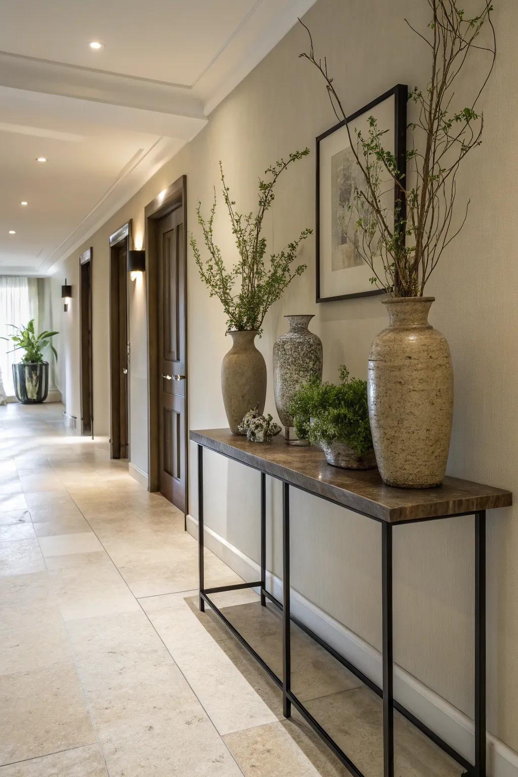 A stylish table enriches the corridor’s function and style.