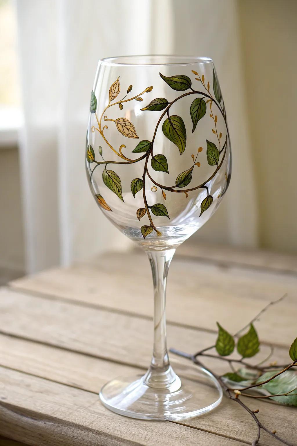 Embrace nature with these exquisitely illustrated twining foliage on your wine glass for an impression of serene elegance.
