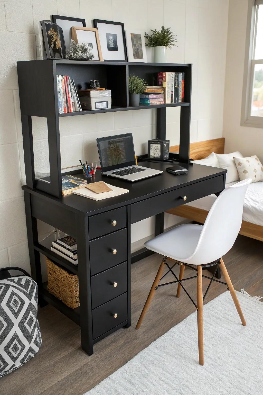 Adaptable furniture helps keep dorms organized.