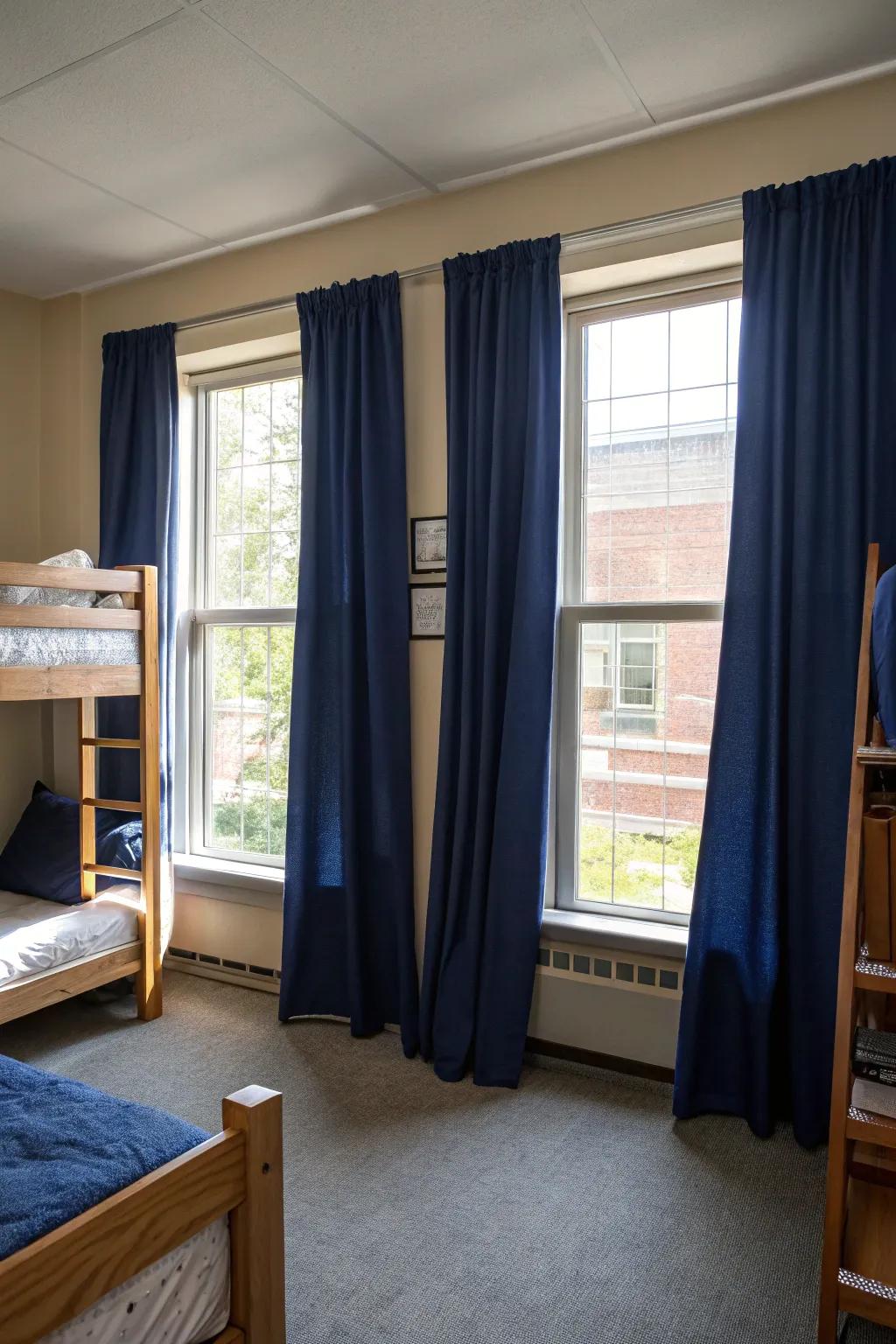 Deep blue window hangings deliver grace and practicality.