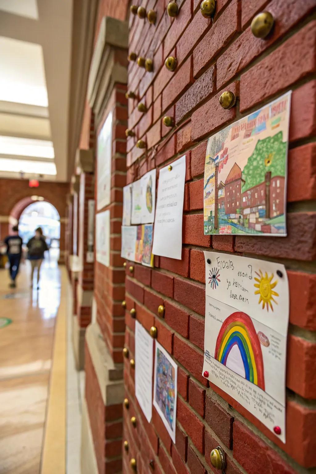 Celebrating creativity: A striking showcase of student achievements on a rustic brick bulletin board.