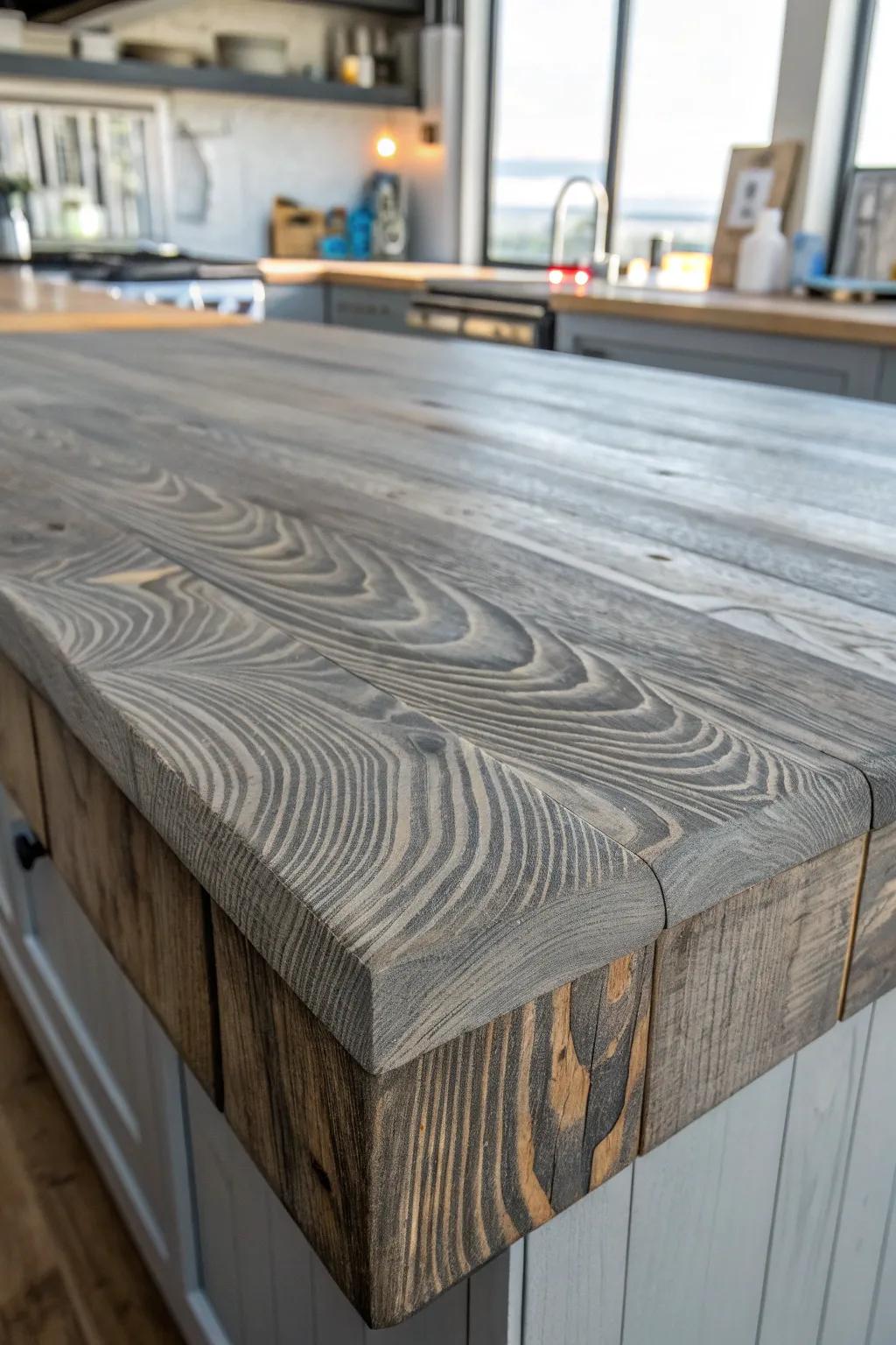 Enhance your culinary space's style with a breathtaking ash gray marine wood butcher block finish.