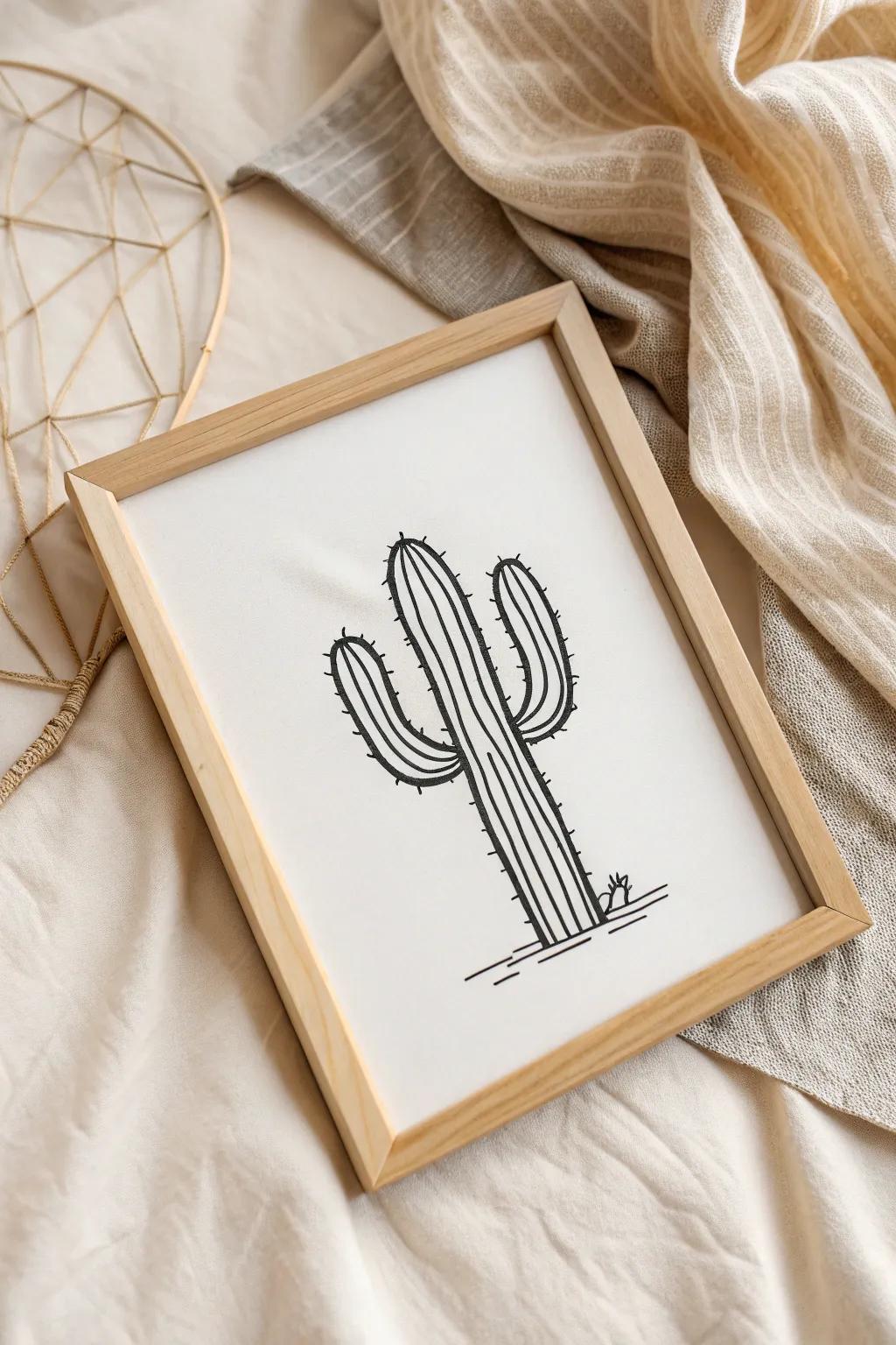 Embrace the tranquil elegance of minimalist cactus line art for a hint of organic beauty in your area.