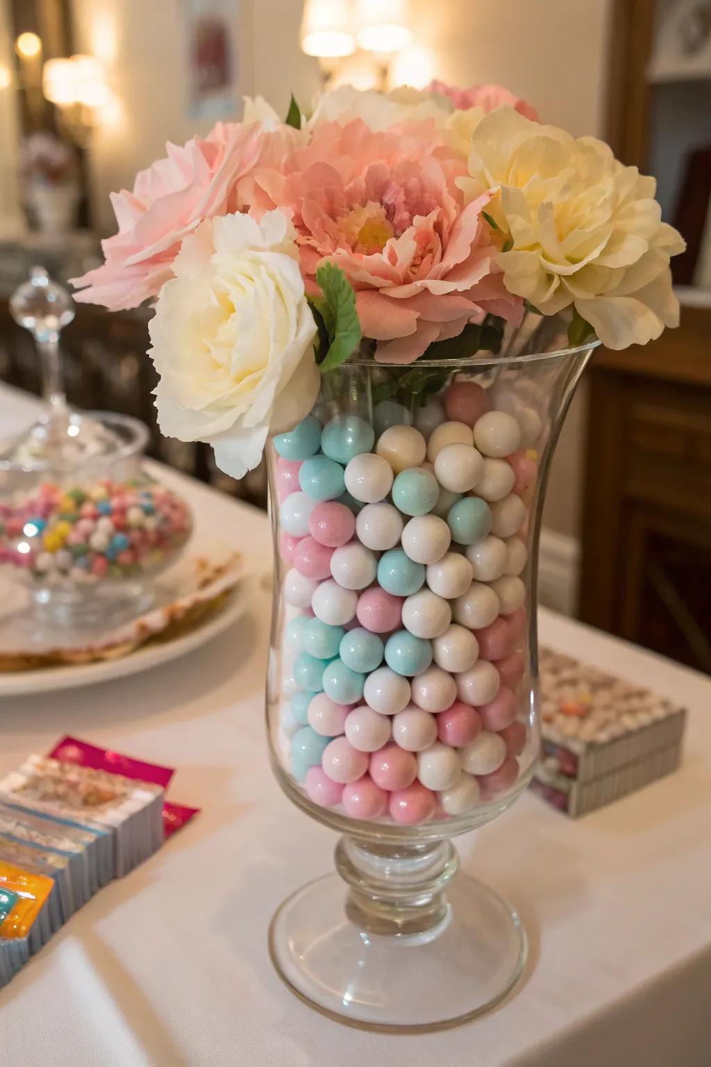 A confection floral composition injects a whimsical note.