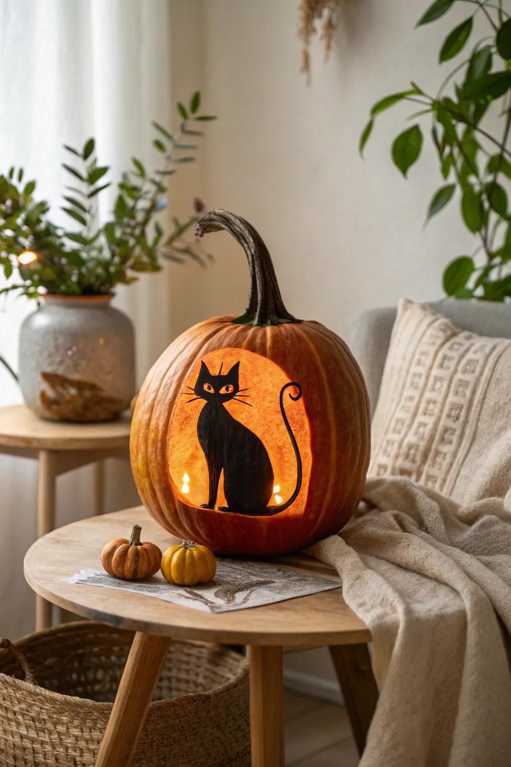 Embrace the mystery of Halloween with this exquisitely carved dark feline pumpkin, where simple sophistication complements charming appeal.