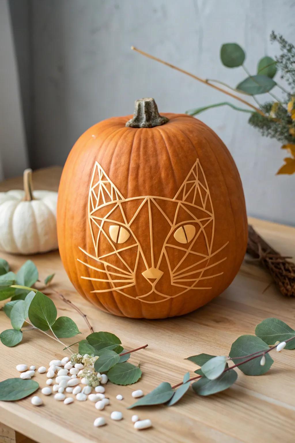 Embrace contemporary minimalism with a geometric feline pumpkin motif that introduces a chic element to your fall décor.