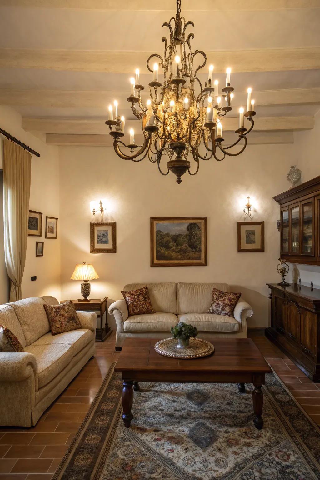 A timeless chandelier with light bulb that mimic candles graces a traditional living room.