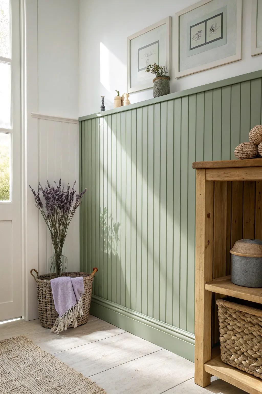 Enhance your bathroom with vintage charm—plank panels add cozy texture and style.