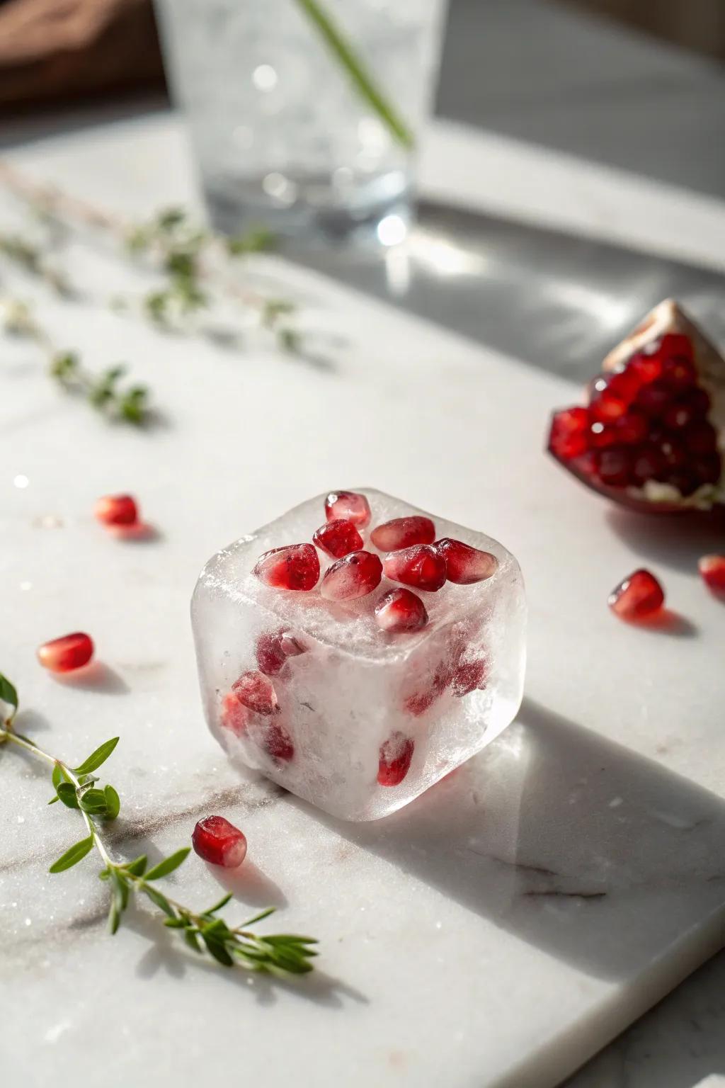 Elevate your holiday drinks with these exquisite pomegranate ice baubles.