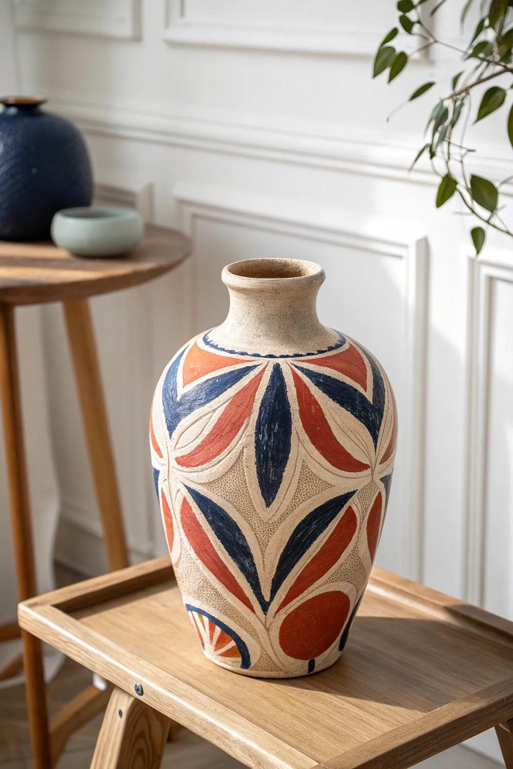 Explore the art of abstract patterns with this stunning handcrafted vase—where bold colors meet minimalist design.