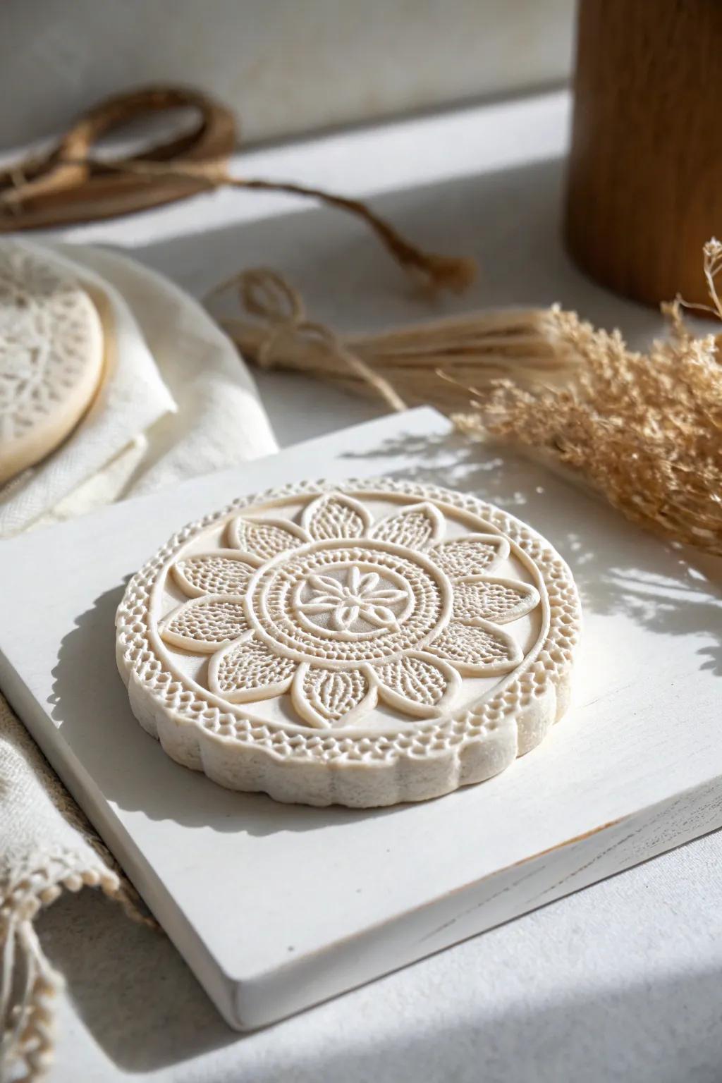 Delight in the Art of Texture: Discover the charm of handcrafted clay stamps graced with elaborate lace designs.