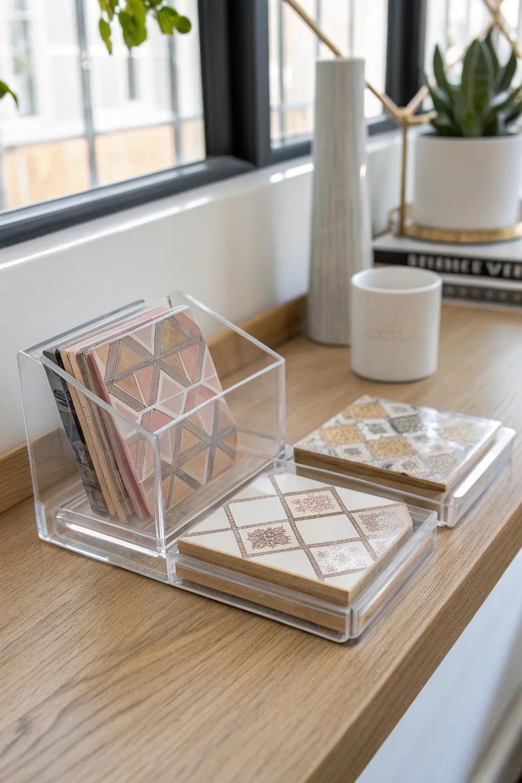 Let your coasters command attention with this sophisticated acrylic stand—where minimalist design encounters natural beauty.