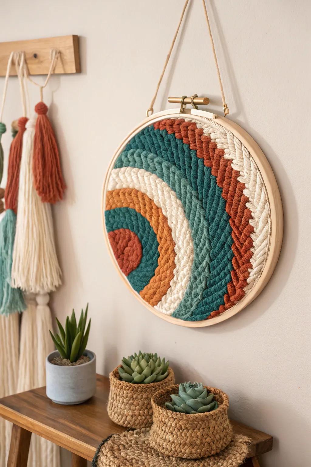 Revolutionize any area with this striking handwoven wall adornment, where unpretentiousness converges with audacious beauty.