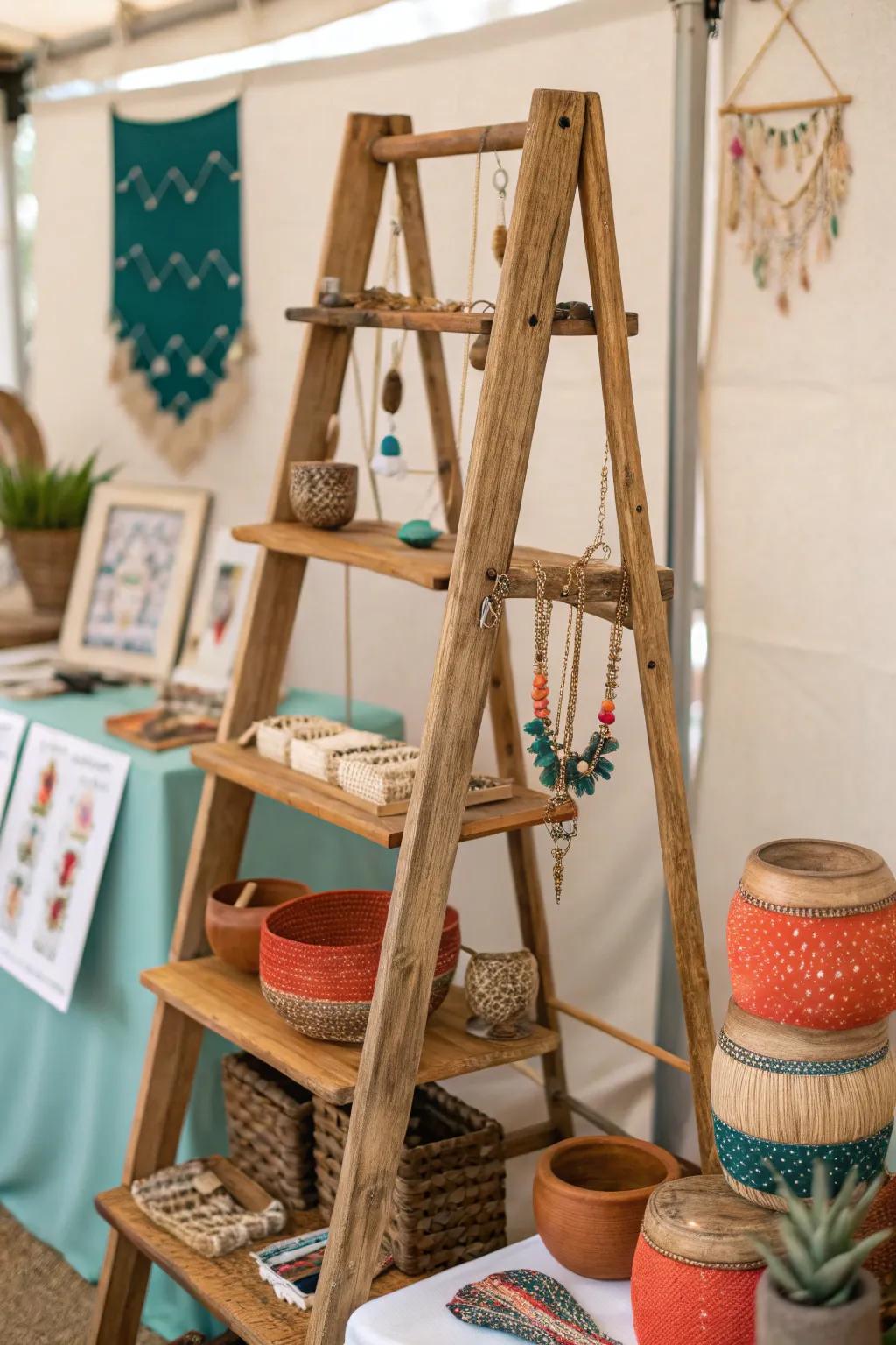 Elevate your craft show presence with a refined and practical ladder display that embodies minimalist elegance and bold imagination.