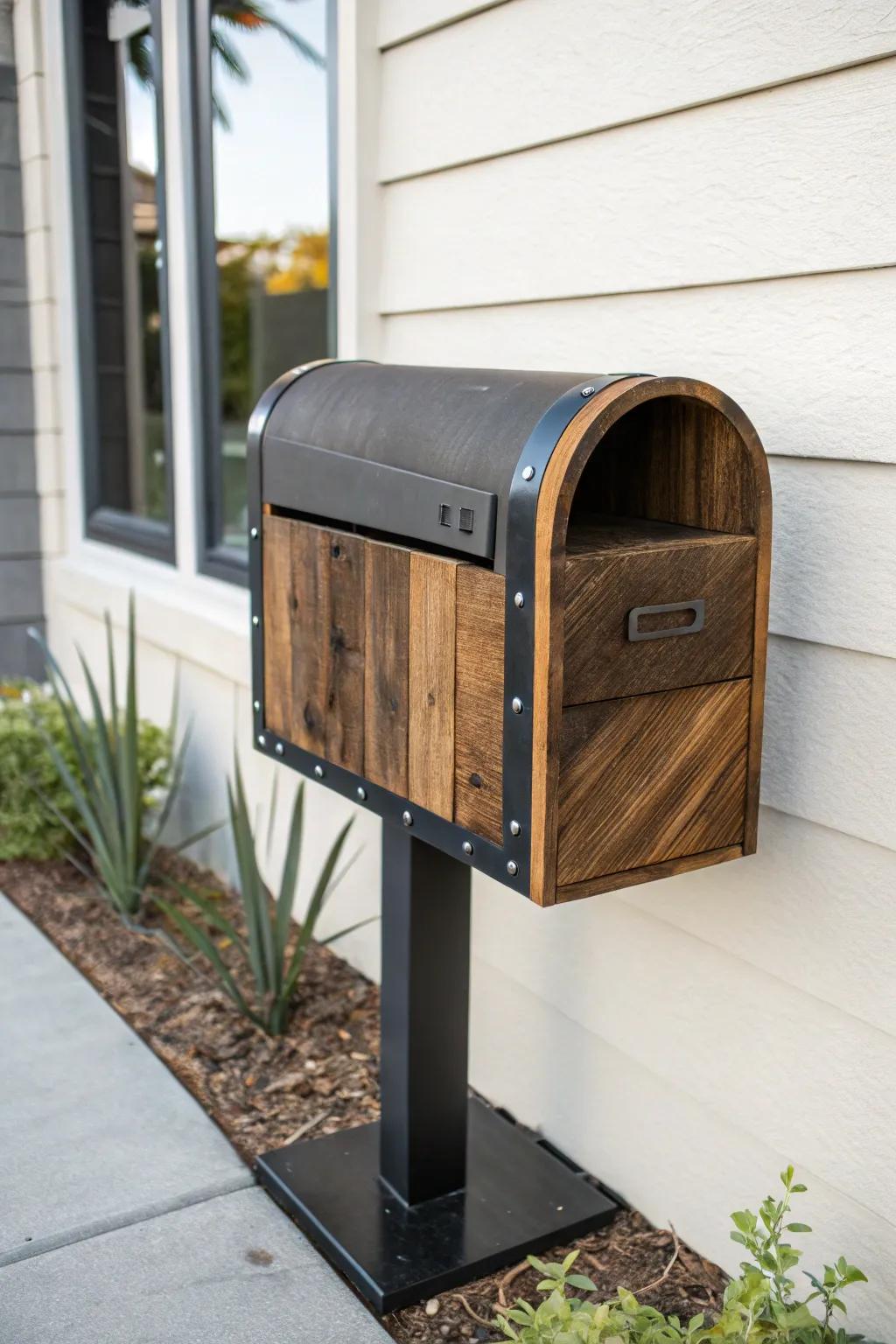 Enhance your home's appeal with this chic wood and metal mailbox, where sustainable design meets minimalist grace.