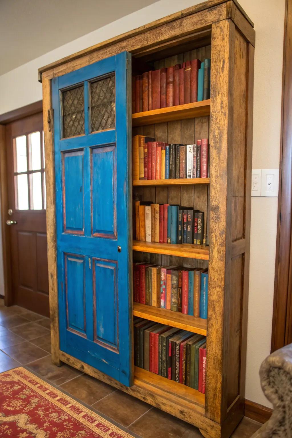 Transform nostalgia into innovation: a reclaimed door reimagined as a striking bookshelf centerpiece.