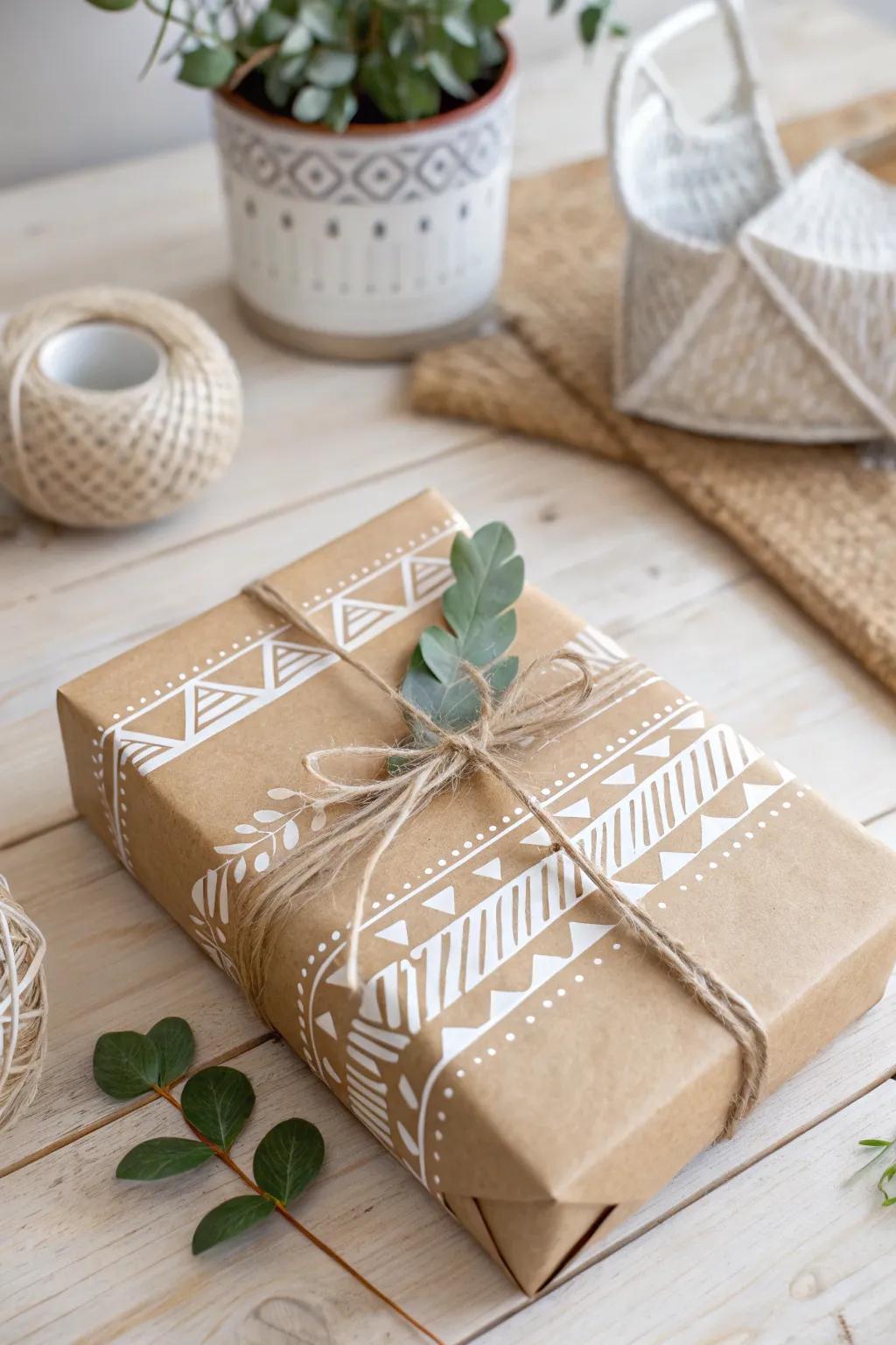 Transform straightforward plain paper into an artistic creation featuring personal designs and natural accents for a stunning gift presentation.