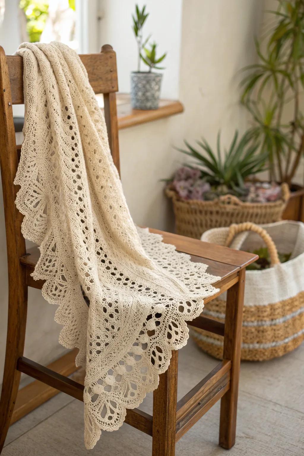 Take your style to the next level with the timeless elegance that a lacy crochet scarf edge provides.