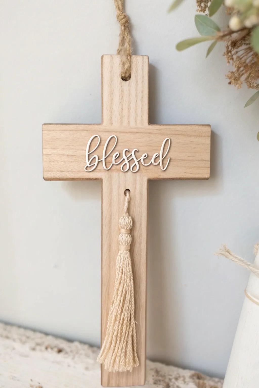 Embrace positivity with a minimalist cross door decoration conveying volumes through its simple elegance.