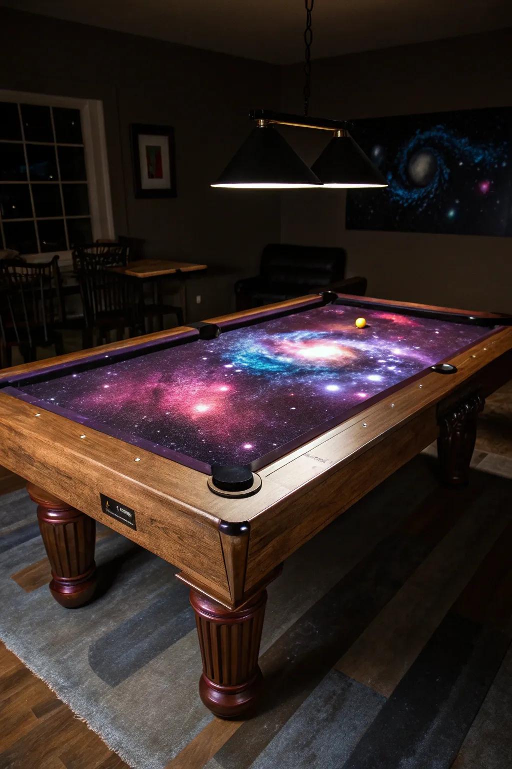 Transform your game room into a celestial masterpiece with galaxy-themed billiards table felt.