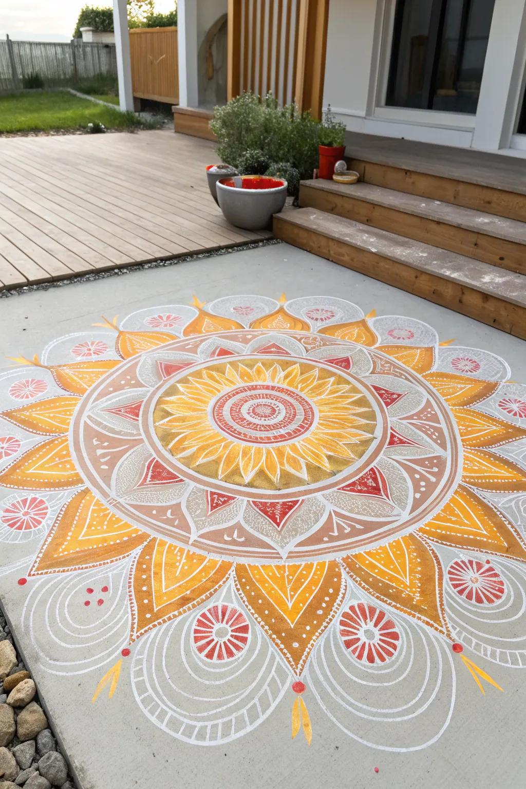 Bask in the warmth of this elaborate chalk solar mandala, imparting a hint of refinement and vitality to any area.