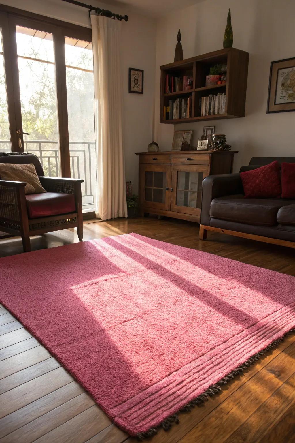 A vibrant rose floor covering anchoring the lounge arrangement.