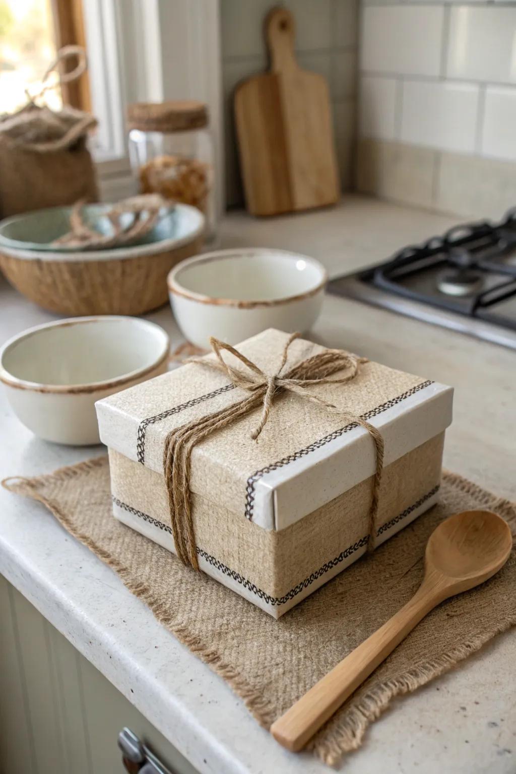 An inviting farmhouse-style box enveloped in coarse cloth and fiber thread.