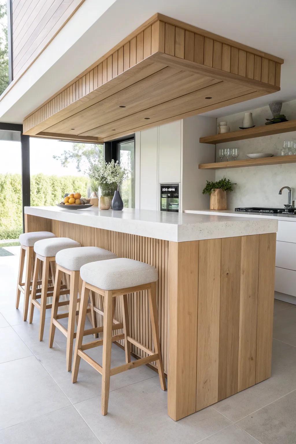 With a stylish wood overhang, turn your cooking island into a comfortable breakfast nook that's ideal for coffee and conversation in the morning. 🍽️✨ #KitchenInspiration #ScandiBoho