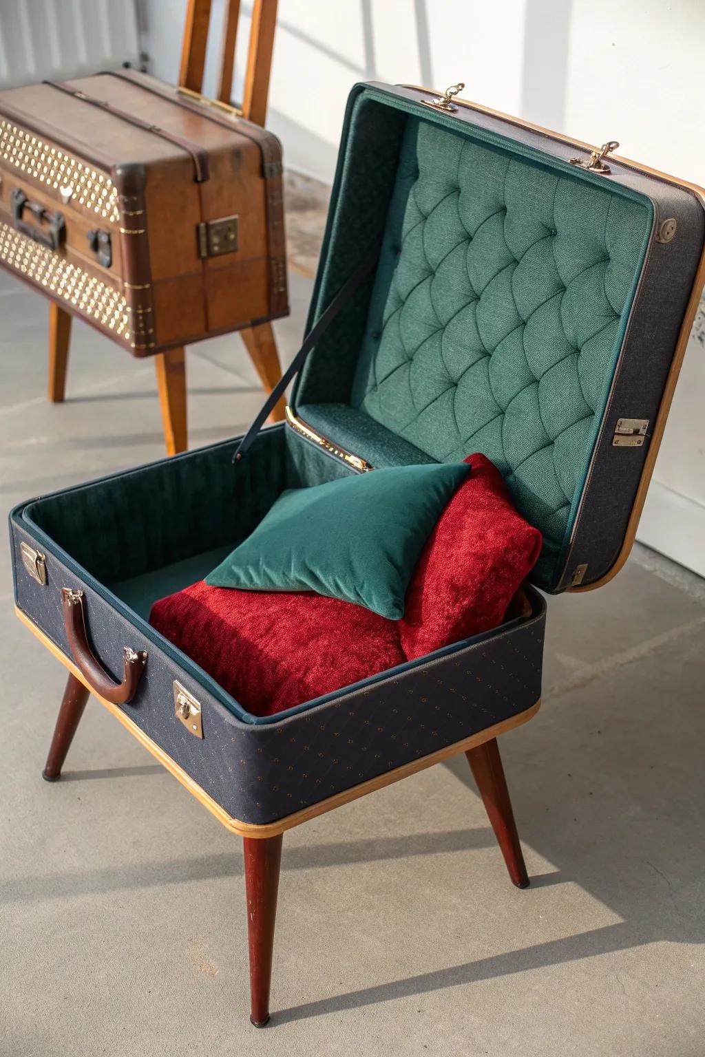 Uncover the charm of a vintage travel case chair complete with concealed storage – a perfect synergy of form and function for those who cherish crafts.