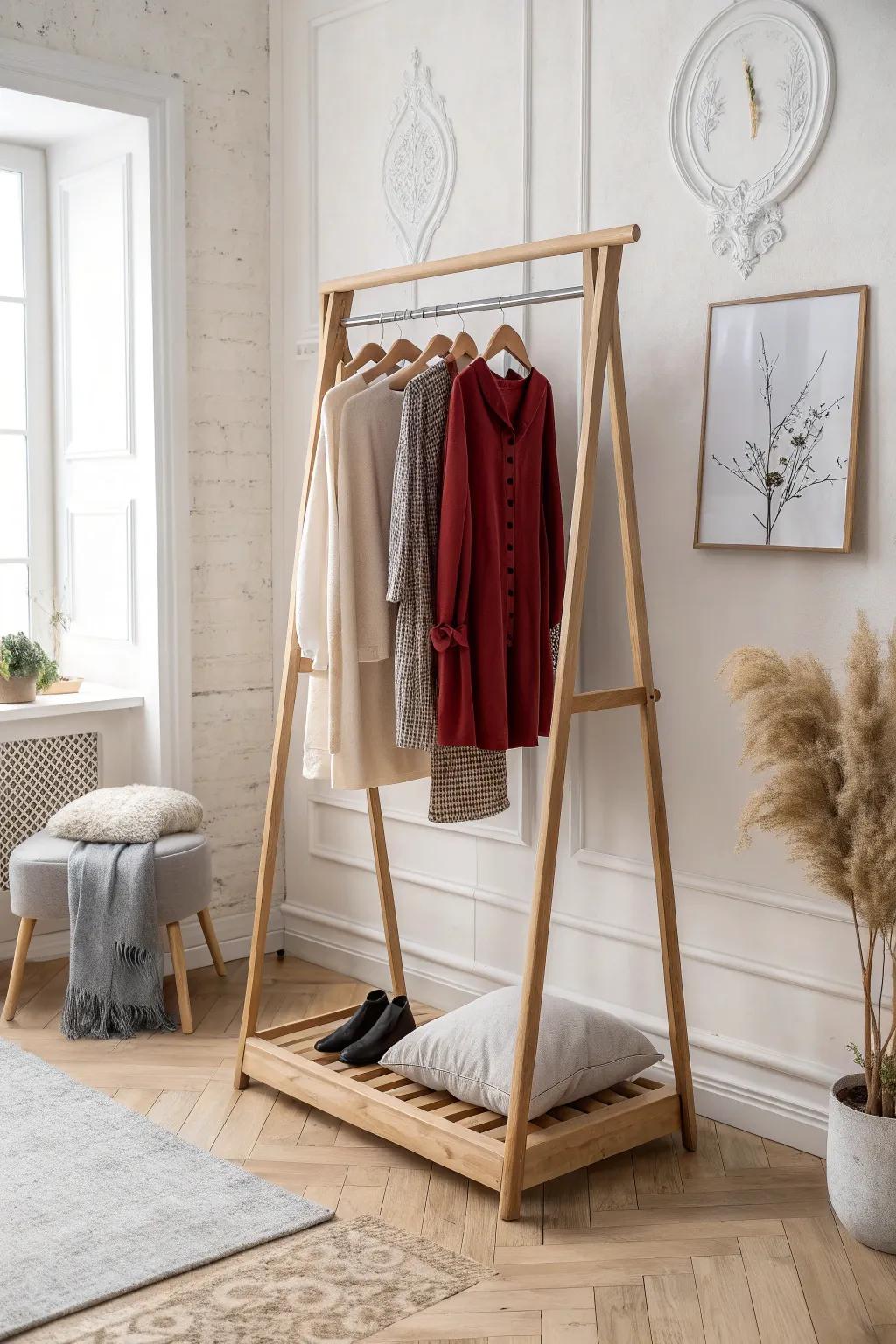 Enhance your abode with a chic inclined structure garment stand—a convergence of simplicity and vogue.