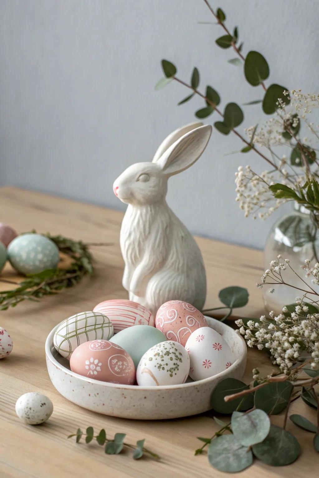 Refine your Easter decor by featuring a delightful rabbit centerpiece blending minimalist refinement with playful nuances.