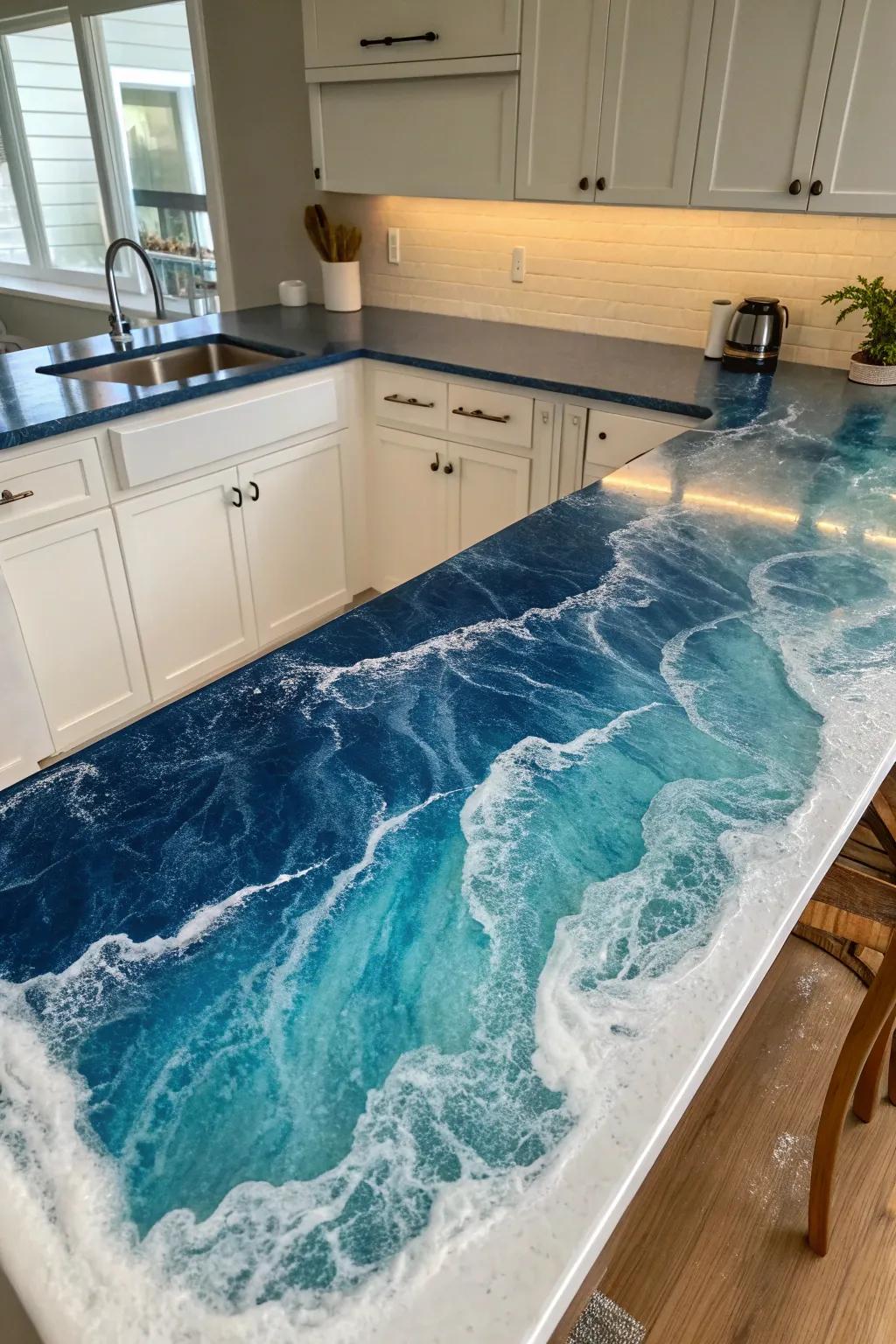 Welcome the serenity of the ocean into your abode with this stunning handmade epoxy surface showcasing an alluring wave pattern.