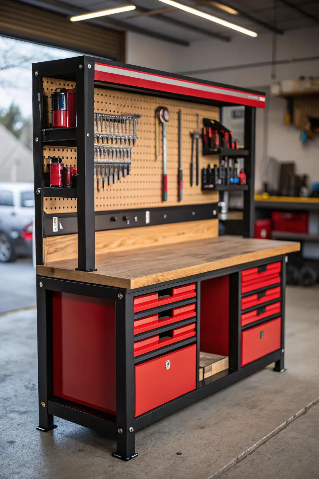 Enhance your DIY corner with a custom workbench that unifies flair and storage aptitude.