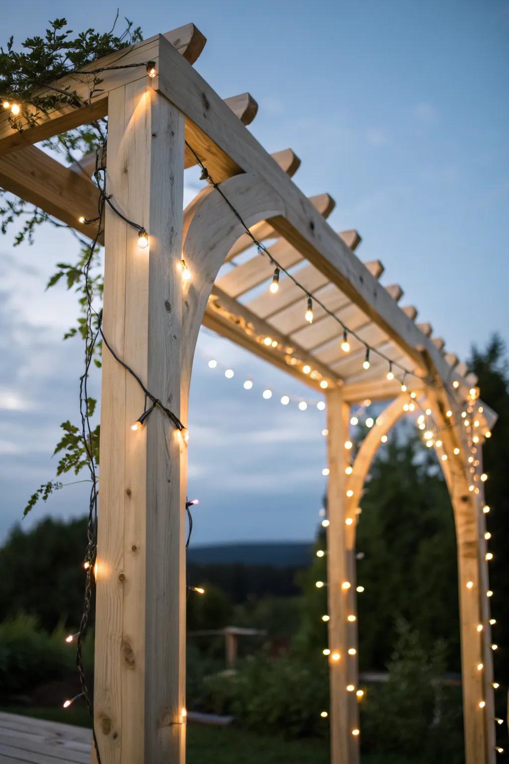 Illuminate your garden with the enchanting radiance of twinkle lights enveloping a simple archway.