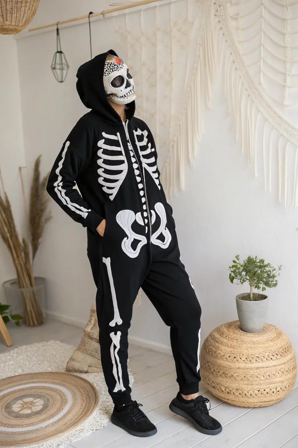 Master the art of eerie sophistication with this DIY bone structure costume, ideal for a stylish Halloween appearance!