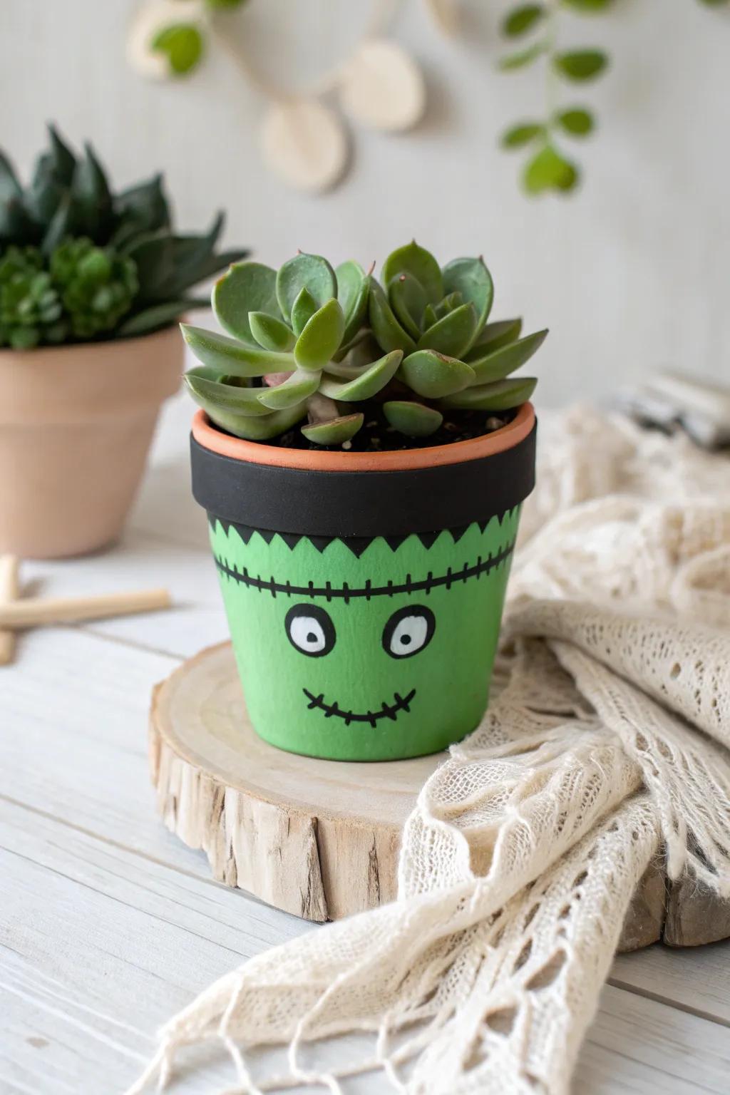 Revolutionize your Halloween arrangement with these delightful Frankenstein planters - a seamless fusion of quirky and refined!