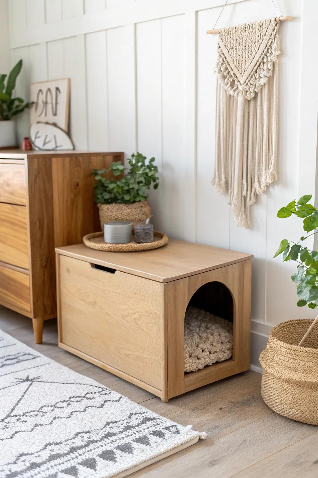 Transform your space with this elegant, upcycled dresser storage litter box—where functionality meets Scandinavian-Boho charm!