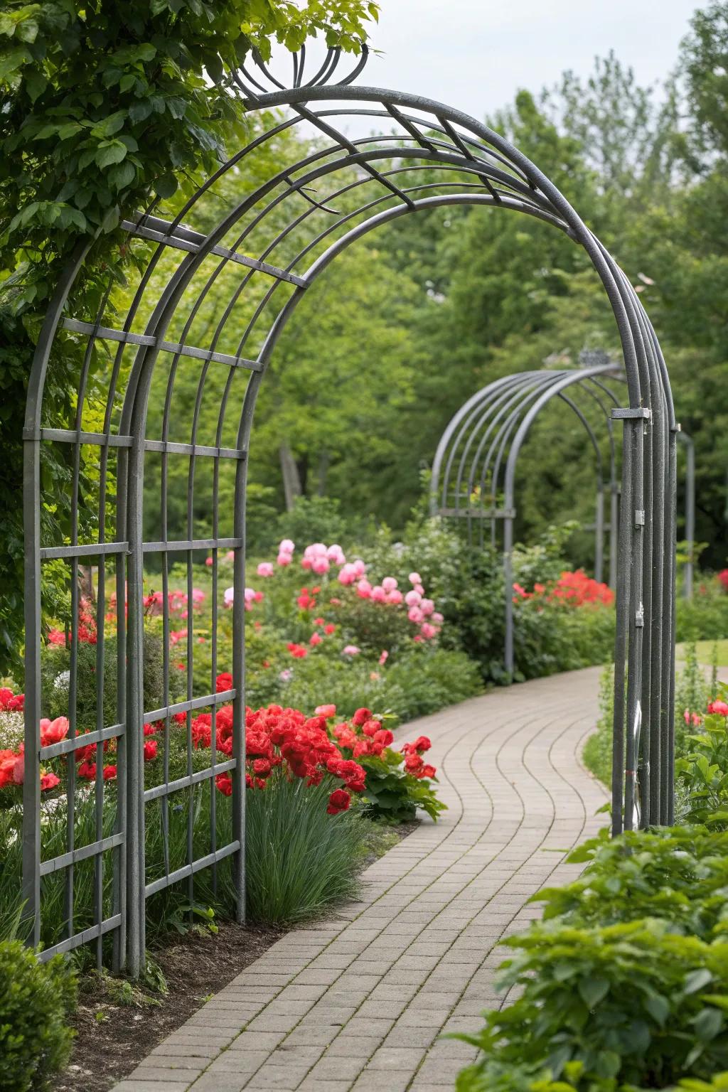 Redesign your garden path with a handcrafted arched metal trellis for a breathtaking visual statement.