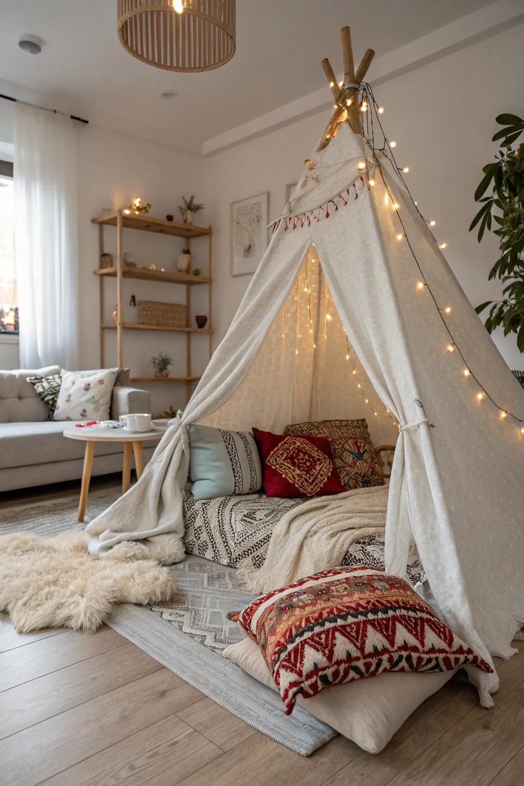 Transform your lounge into a cozy haven with a DIY textile fort—ideal for a magical movie evening!