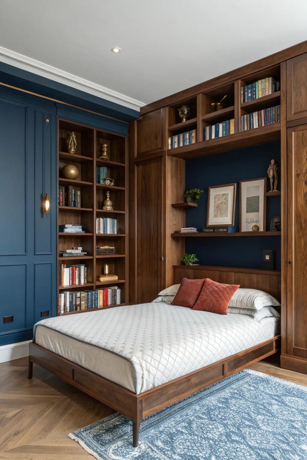 Revamp your area with a Murphy bed that serves as an extraordinary bookcase centerpiece.