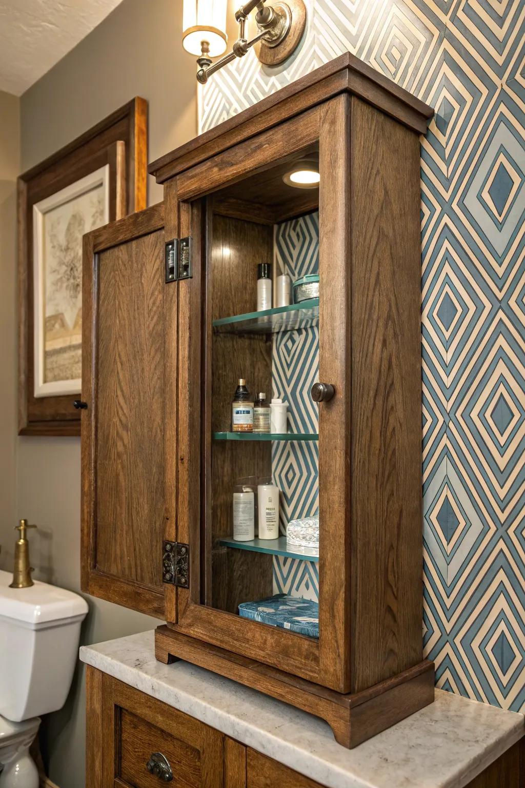 Discover the enchantment of geometric style with this remarkable medicine cabinet transformation!