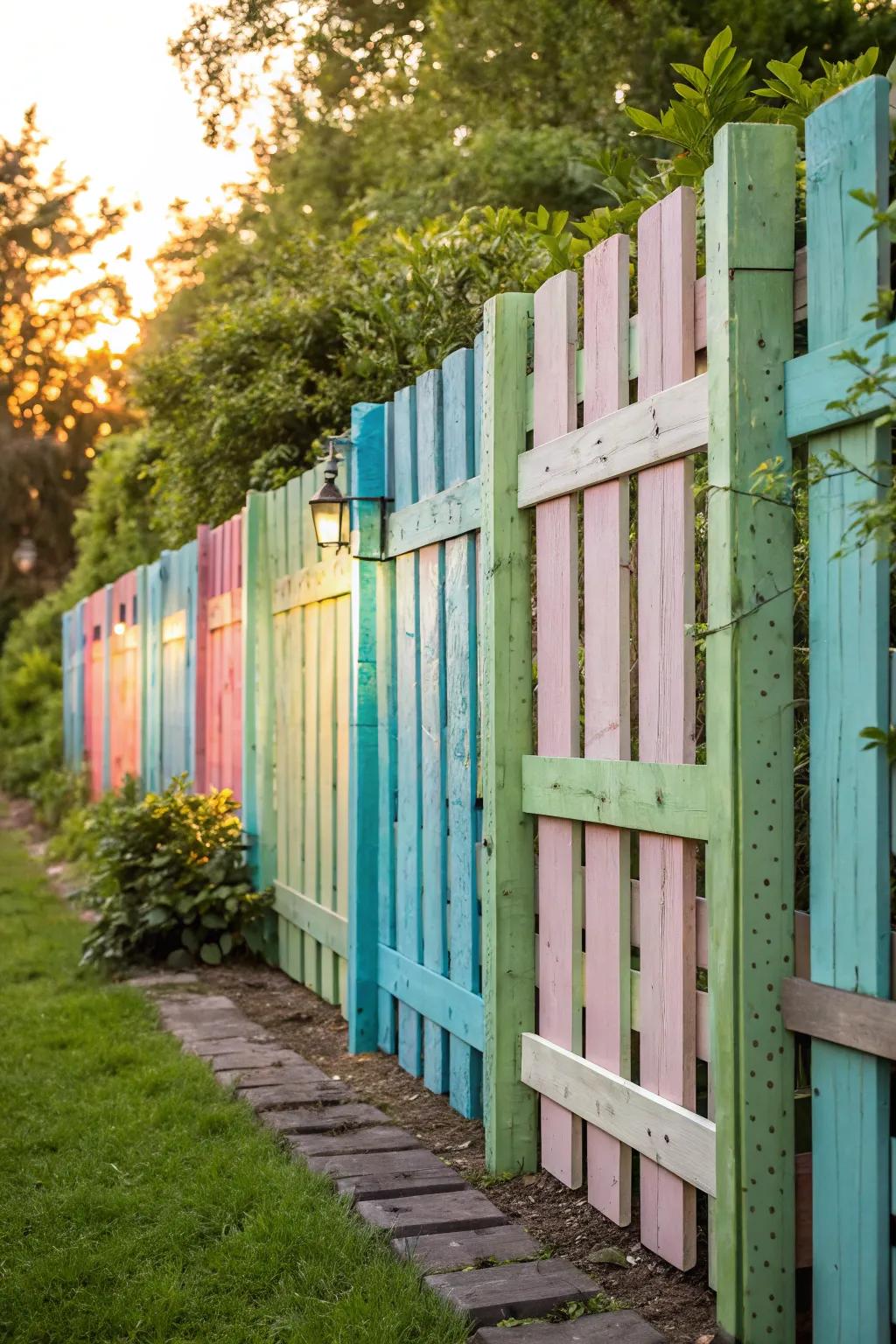 Transform your area with a vibrant upcycled skid fence that is both eco-friendly and visually captivating.