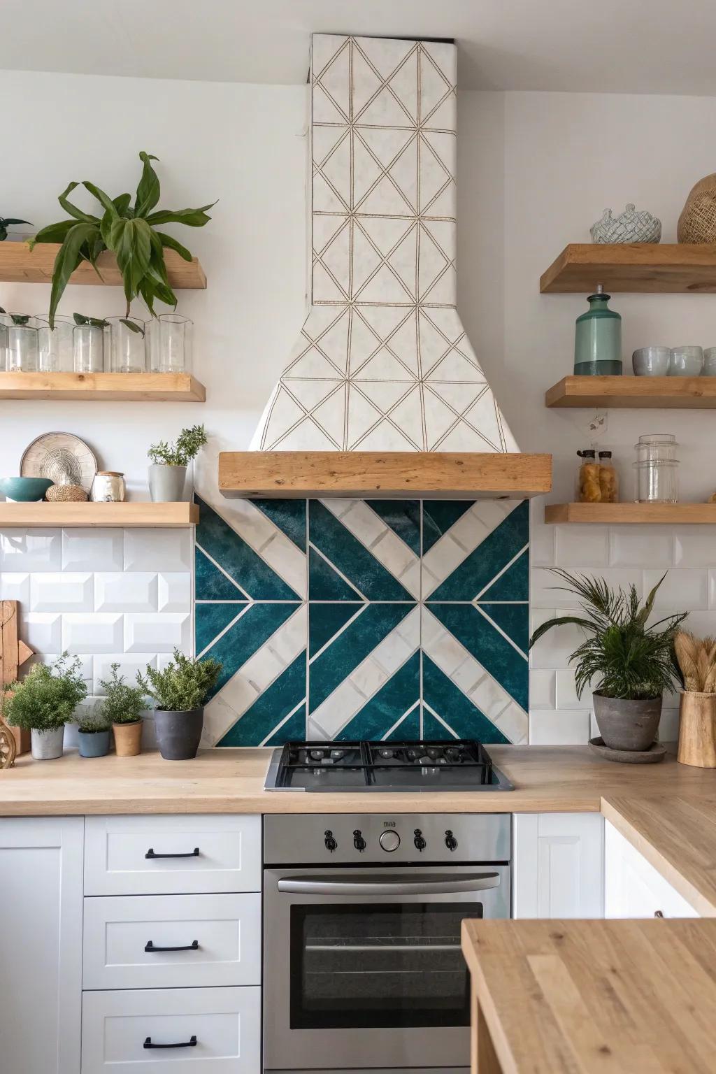 Elevate your kitchen with a striking geometric tile range hood cover, merging Scandinavian simplicity with bohemian elegance.