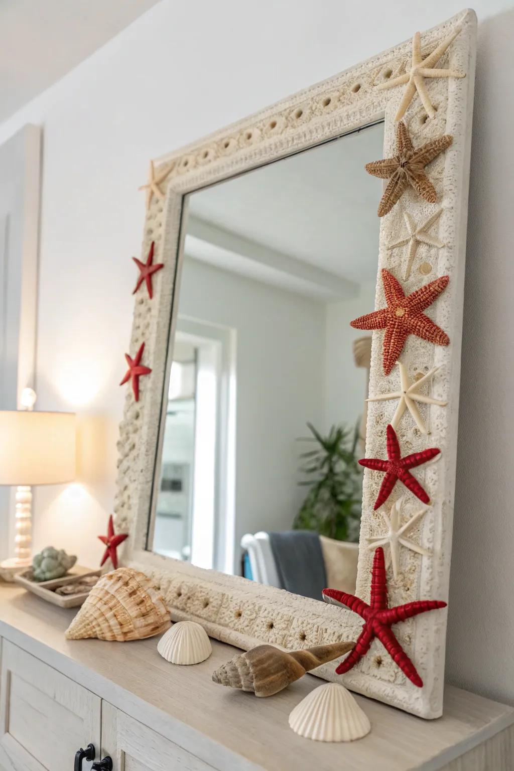 Embrace the ocean’s allure within your dwelling with a boho-chic seashell-laden mirror frame.