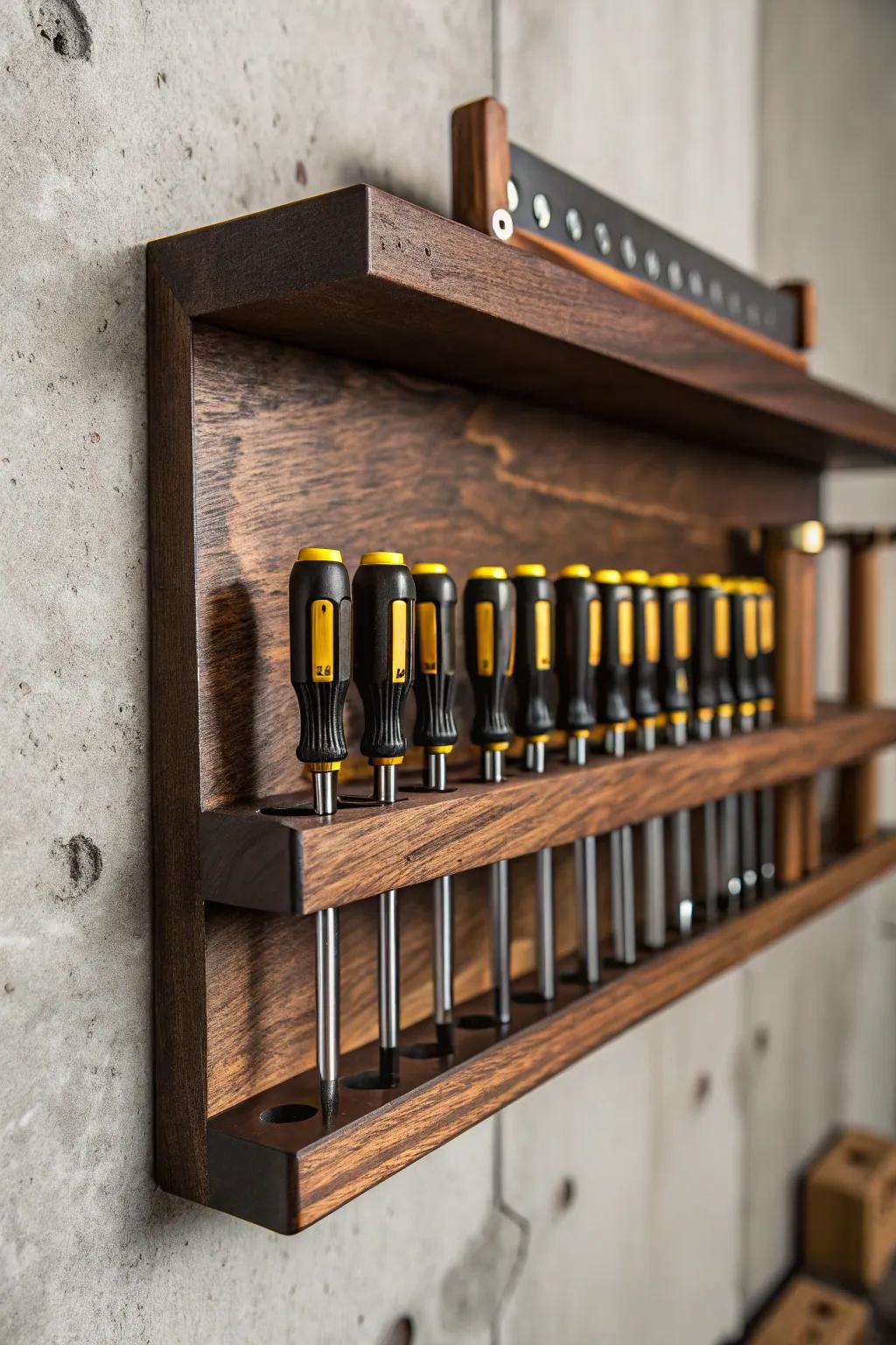 Revamp your workshop with this streamlined, handcrafted wall-mounted screwdriver holster.