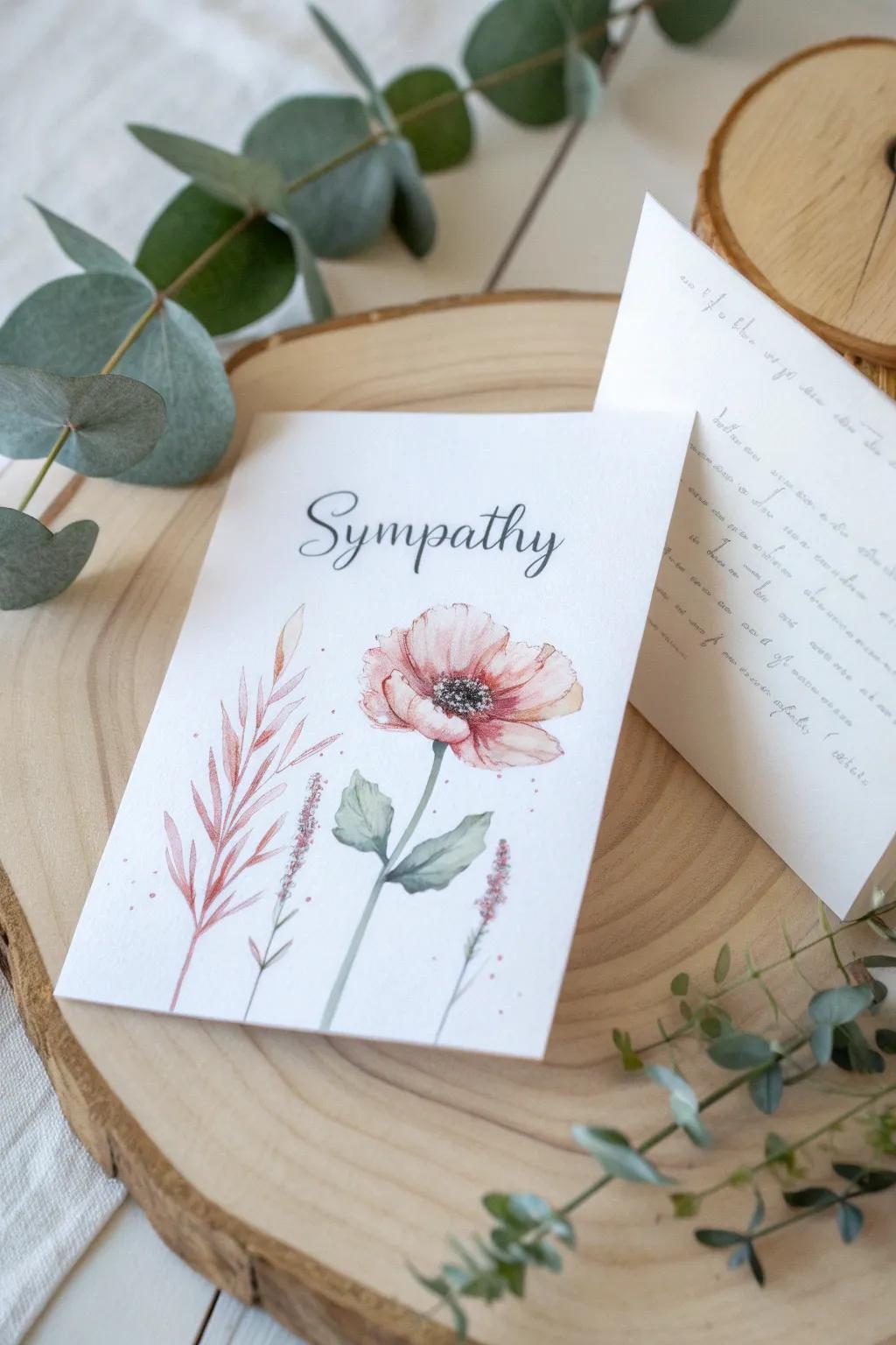 A heartfelt gesture: Artisanal sympathy card with delicate aquarelle art.
